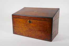 A Victorian ebony banded mahogany correspondence box with secret drawer and brass handle, 15" x 8½",