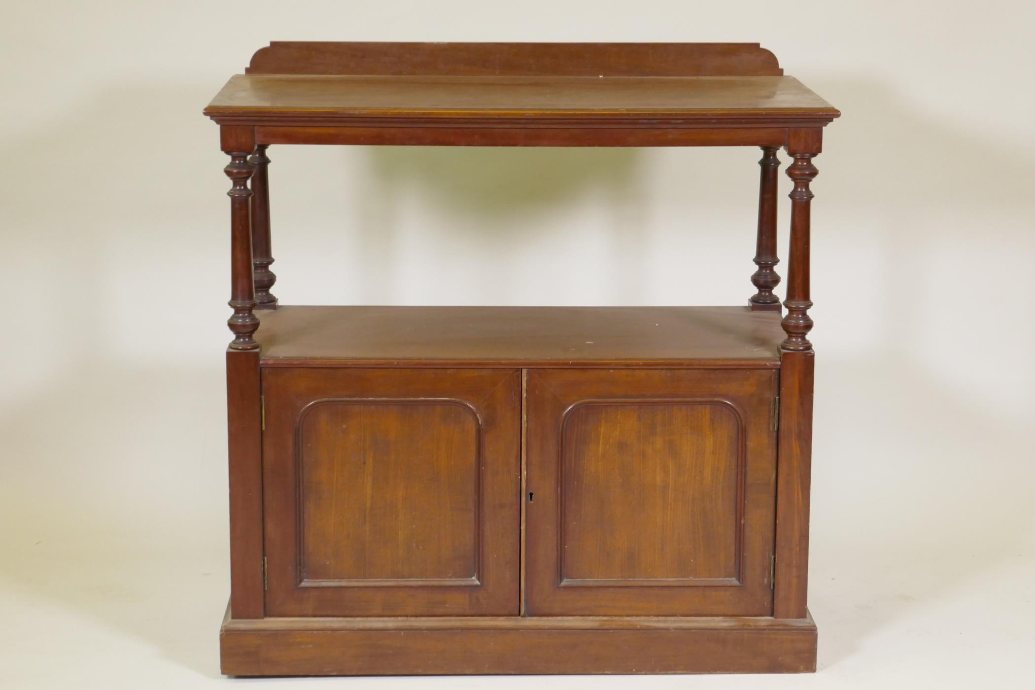 A Victorian mahogany two tier buffet, the top with shaped back raised on tapering turned supports - Image 2 of 3