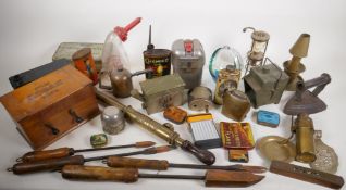 A quantity of miscellaneous tools, collectors tins, photographic equipment etc