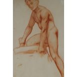 Lawrence Preston, male figure study, sanguine drawing, labels verso, 15" x 10"