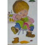 C. Dixon, 1975, comical portrait of a child cleaning shoes, oil on canvas board, 10" x 12"