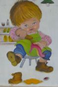 C. Dixon, 1975, comical portrait of a child cleaning shoes, oil on canvas board, 10" x 12"