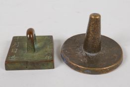 A Chinese bronze seal and another similar, largest 2½" diameter