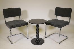 A pair of designer tubular chrome chairs with grey upholstered seat pads and back, together with a