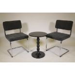 A pair of designer tubular chrome chairs with grey upholstered seat pads and back, together with a