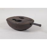 A Chinese cast iron censer and pierced cover in the form of a hand fan, 5½" x 8"