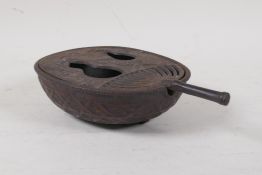 A Chinese cast iron censer and pierced cover in the form of a hand fan, 5½" x 8"