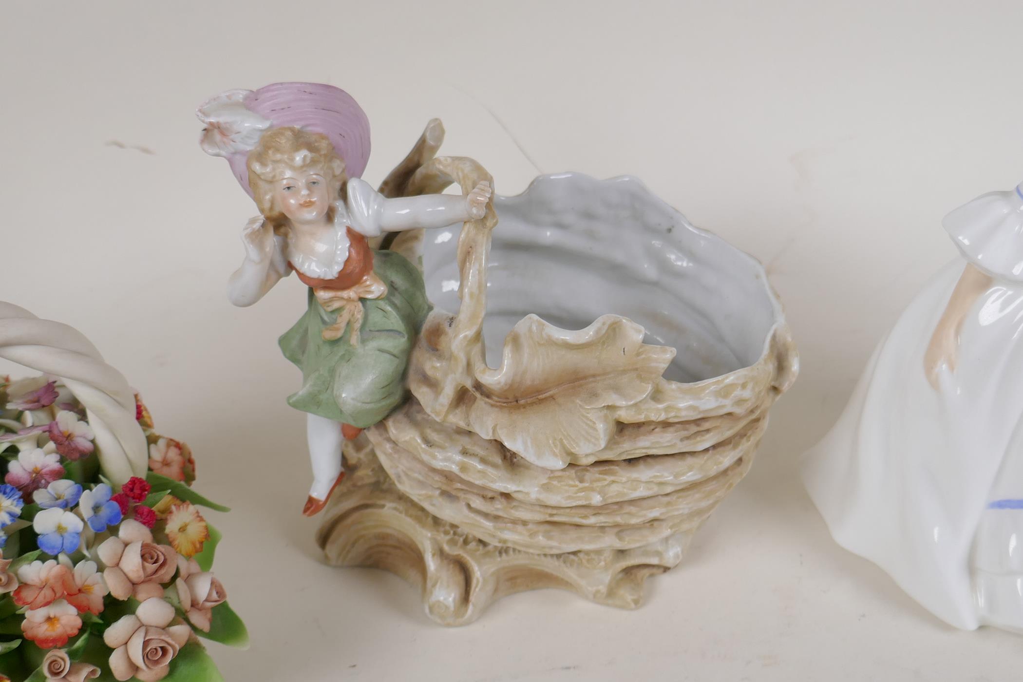 A Sitzendorf porcelain posey basket formed as a child seated on a shell, a Royal Doulton - Image 2 of 4