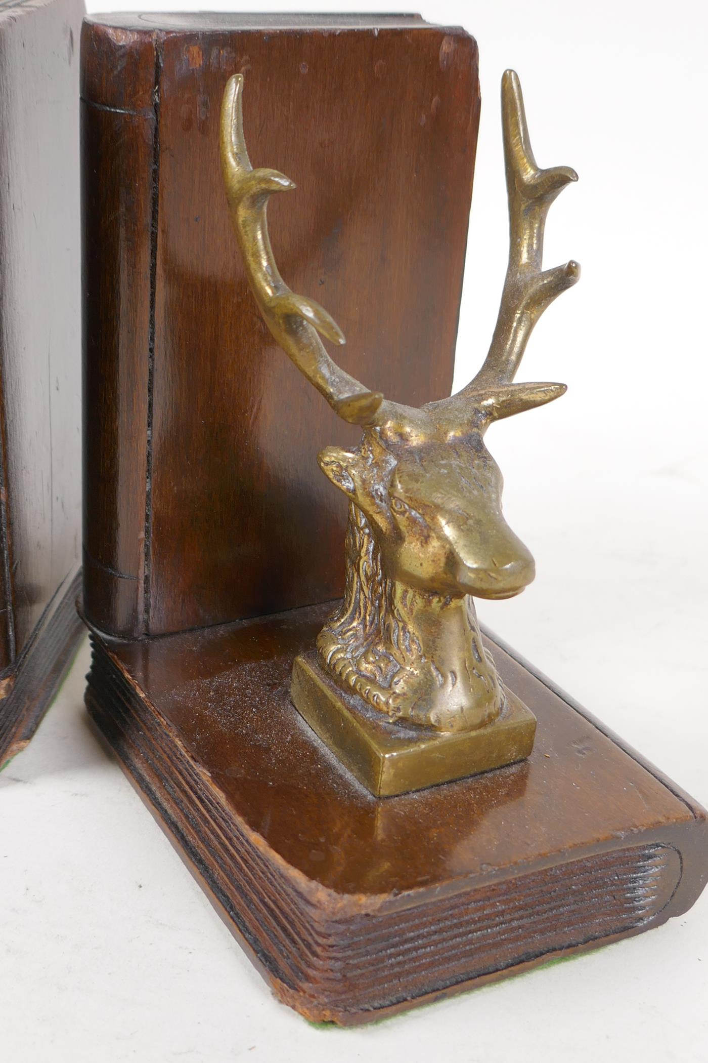 A C19th pair of carved wood and bronze stag head bookends, 5" high - Image 2 of 2