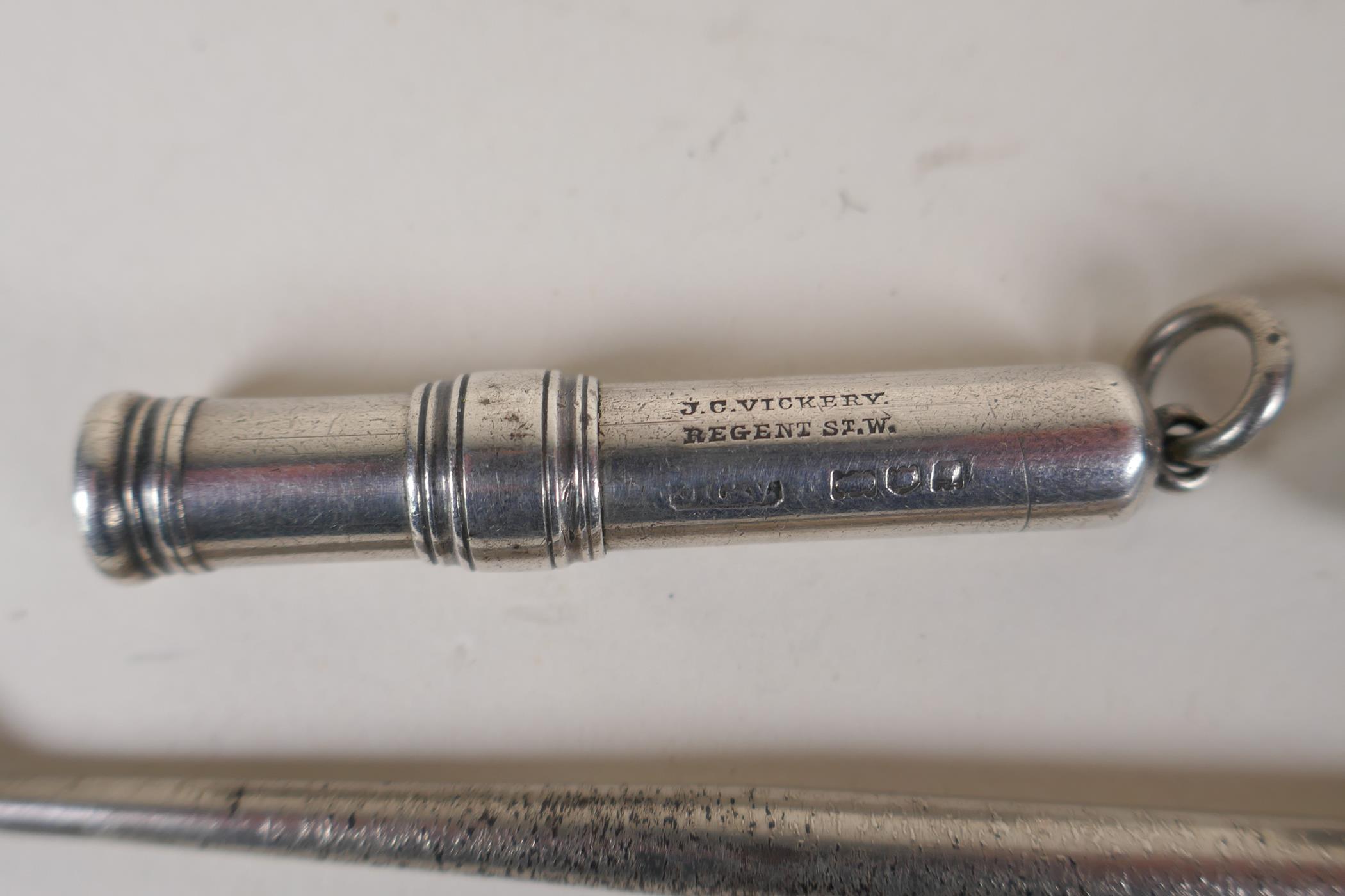 A hallmarked silver chatelain pencil, a hallmarked needle case and a hallmarked silver handled - Image 2 of 4