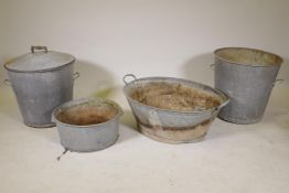 Two galvanised metal bins, a galvanised metal tub and another smaller, bin 19½" diameter x 19" high