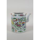 A Chinese famille rose enamelled porcelain tea pot decorated with birds, flowers and gourds, 5½"