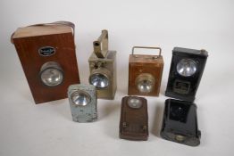 A vintage 'Pretools' wooden lamp, 8" high, a wooden Ever Ready torch and five other vintage torches