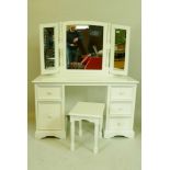 A painted dressing table, mirror and stool, with five drawers, 51" x 21" x 60" high