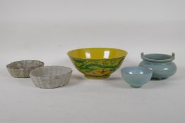 A pair of Chinese song style crackle glazed pottery trinket dishes of lobed form, a Sancai porcelain