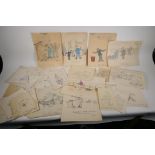 A collection of 1940s cartoon pencil and watercolour drawings, largest 9" x 11"