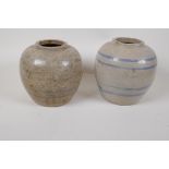 A pair of Chinese stoneware dry storage jars, 6" high