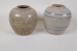 A pair of Chinese stoneware dry storage jars, 6" high