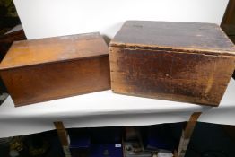 A C19th pine deed box bearing the date 1870-1, 21½" x 16" x 12", and a similar oak box