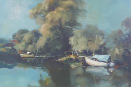 Boats on a river, signed Matt Bruce, and beach scene with seated figure to foreground, unframed oils