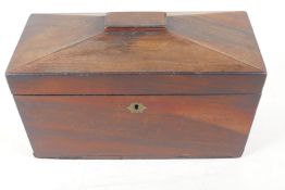 A rosewood sarcophagus shaped tea caddy, no interior, 12" x 6" x 7"