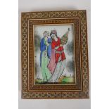 A Persian painting in a micro mosaic frame of a courting couple, 7" x 5½" overall