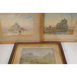 John Whitacre Allen, Mont St Michel, Normandy, and a ruined abbey, watercolour drawings, 14" x