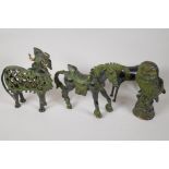 A patinated bronze figure of a horse, 8½" high, another horse, AF, an Indian bronze figure of a