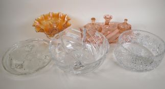 A Royal Doulton cut glass fruit bowl, 10" diameter, another cut glass bowl, a peach glass dressing