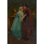 Arthur Langley Vernon, a lady and courtier in a landscape, signed, oil on panel, 8½" x 6"