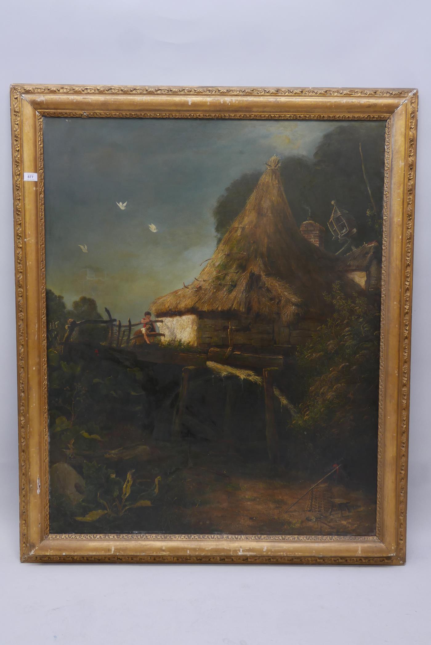 Children playing by a watermill, early C19th oil on canvas, re-lined with repairs, 50" x 40" - Image 3 of 5