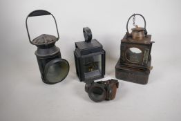 A 'Welch Patent' paraffin railway lamp, 9" high, and two other railway lamps and a carbide cycle