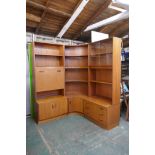 A 1970s G-Plan E. Gomme teak Fresco modular wall unit with two straight and one corner section,