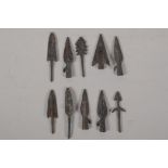 Ten archaic style bronze arrowheads, 3" longest