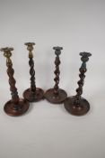 Two pairs of barleytwist oak candlesticks, 13" high