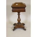 William IV rosewood tea-poy, lacks interior, raised on baluster shaped column and platform base with