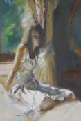 John Scarland, portrait of a woman in a white floral dress, gouache, 10" x 15½"