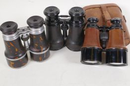 Two pairs of Theatre Field and Marine, three lens binoculars, and a pair of vintage field glasses,