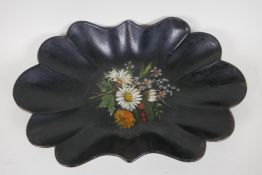 A Victorian petal shaped papier mache tray, hand painted with flowers, 14" x 9"