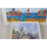 Heidi Walmsley, a harbour scene, mixed media painting, 19" x 7½", and a steam train in at a station,