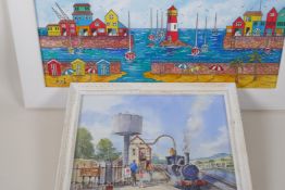 Heidi Walmsley, a harbour scene, mixed media painting, 19" x 7½", and a steam train in at a station,