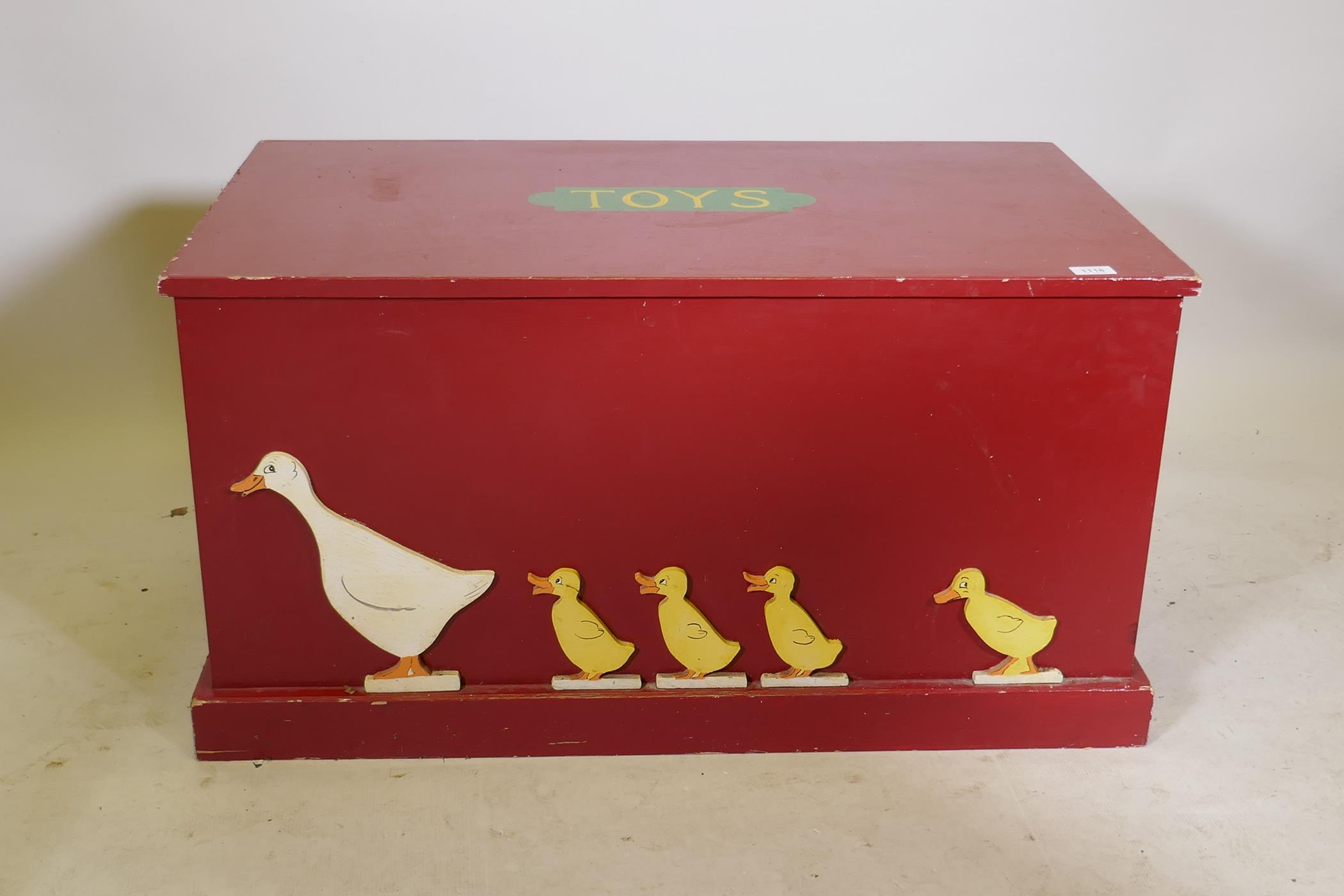A painted child's toy chest with duckling decoration, 36" x 20½", 19" high