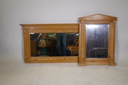 A pine frame overmantel mirror, 46" x 27", and a pine wall mirror of architectural form