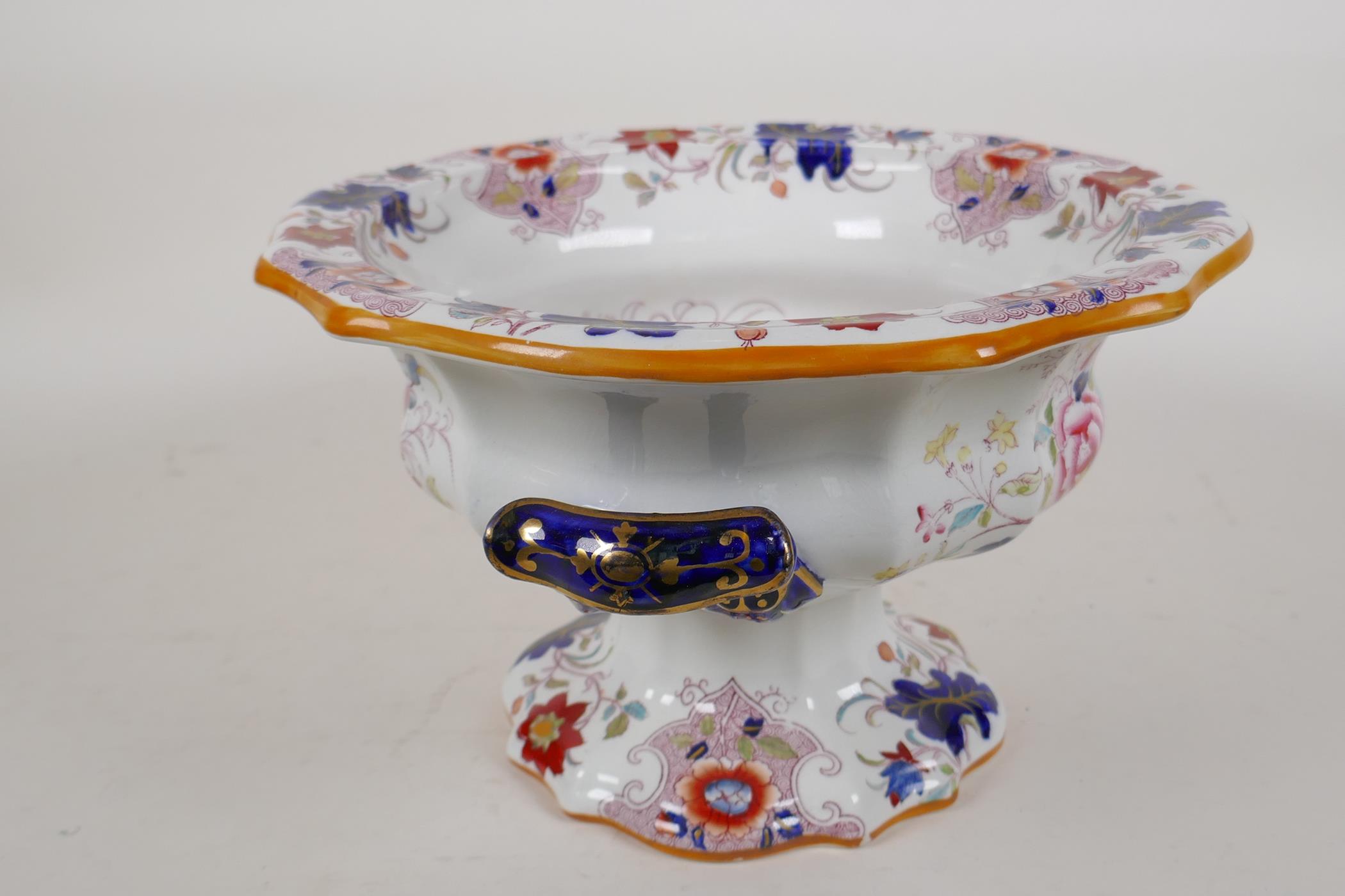 A Masons Ironstone pedestal bowl with two blue and gilt handles and overall floral decoration, 7" - Image 2 of 4