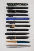 A collection of assorted fountain pens including three Mentmore Diploma, a Platignum Golden, a