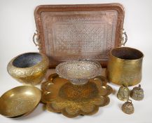 A large Indian copper tray with engraved decoration, 24" x 18", and a quantity of other brassware