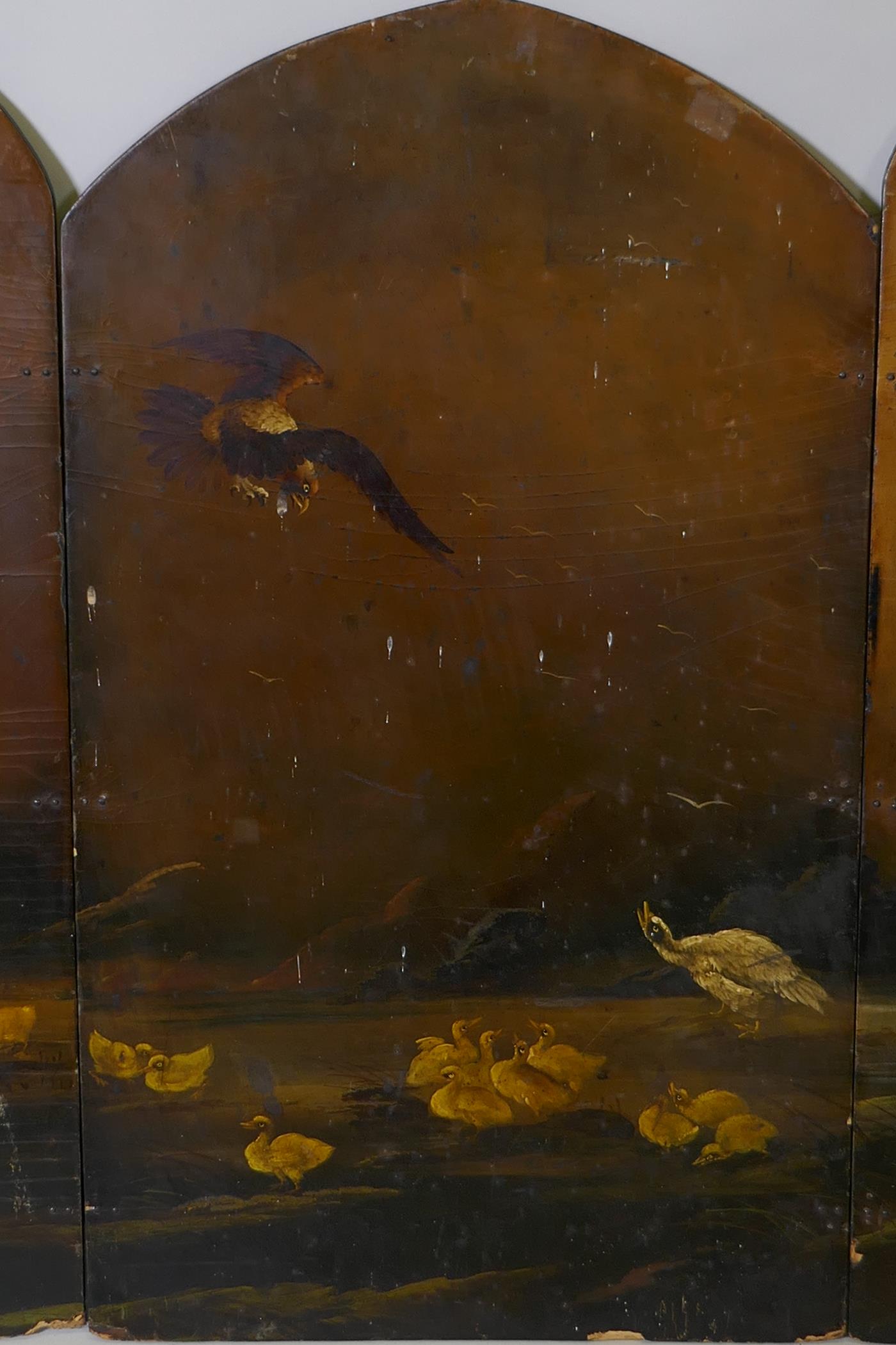 A Victorian papier mache two fold fire screen, decorated with a hawk attacking ducks, 26" x 30" - Image 2 of 5