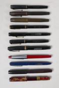 A collection of assorted fountain pens including three Mentmore Autoflow, a Mentmore Ink Lock, three