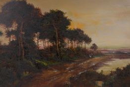 F. Waters, figures in a landscape at sunset, signed, oil on canvas, 20" x 30"