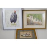 Donald Anderson, humorous watercolour of a chicken, 8" x 9½", a watercolour of Leverets and